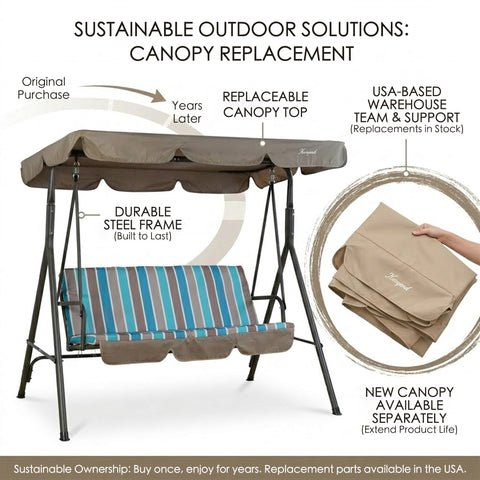 kozyard patio swing chair usage scenarios, private patio backyard porch poolside, outdoor porch swing with canopy and cushion for garden relaxation
