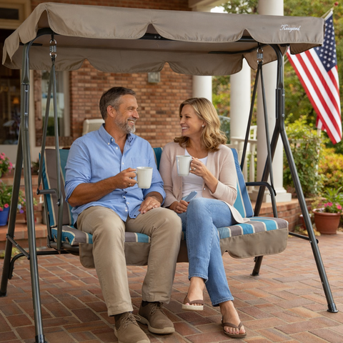 kozyard patio swing chair usage scenarios, private patio backyard porch poolside, outdoor porch swing with canopy and cushion for garden relaxation
