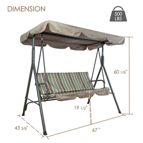 kozyard patio swing chair dimensions, 60 1/8" height 67" width 500 lbs weight capacity, detailed size specs for outdoor porch swing with canopy and cushion
