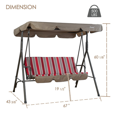 kozyard patio swing chair dimensions, 60 1/8" height 67" width 500 lbs weight capacity, detailed size specs for outdoor porch swing with canopy and cushion
