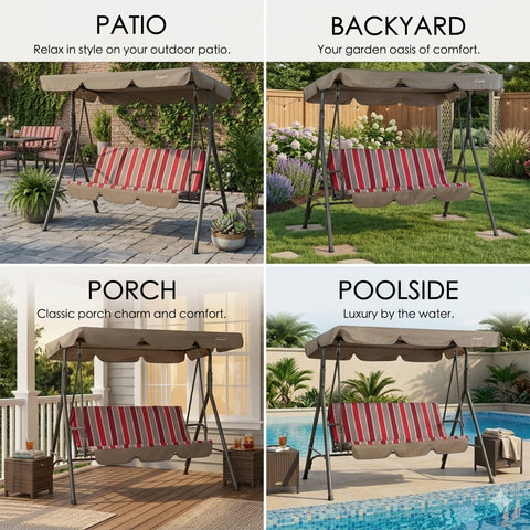 kozyard patio swing chair usage scenarios, private patio backyard porch poolside, outdoor porch swing with canopy and cushion for garden relaxation

