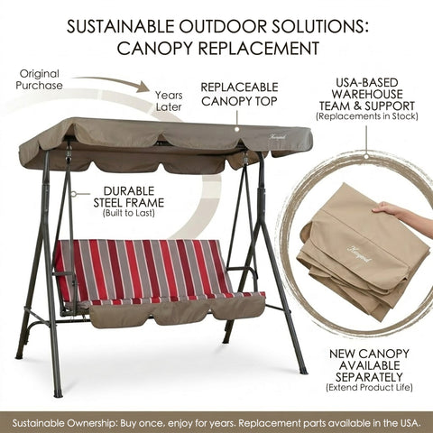 kozyard patio swing chair usage scenarios, private patio backyard porch poolside, outdoor porch swing with canopy and cushion for garden relaxation
