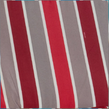 A close - up view of the fabric used on a swing chair, featuring a pattern of vertical stripes in shades of deep red, grey, and white. The stripes create a bold and classic design, perfect for adding a touch of style to outdoor furniture.Bold Striped Fabric for Swing Chair.swing chair fabric, striped outdoor fabric, red and grey striped fabric, patio furniture fabric, outdoor swing material