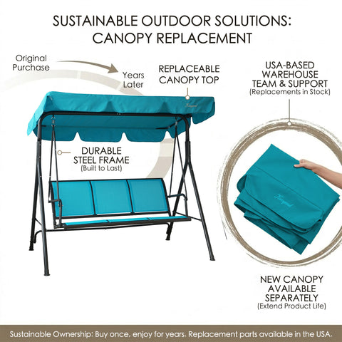 kozyard 3-seat patio swing chair in use, comfortable outdoor conversation swing with canopy for backyard relaxation
