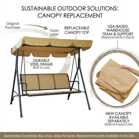 kozyard 3-seat patio swing chair in use, comfortable outdoor conversation swing with canopy for backyard relaxation
