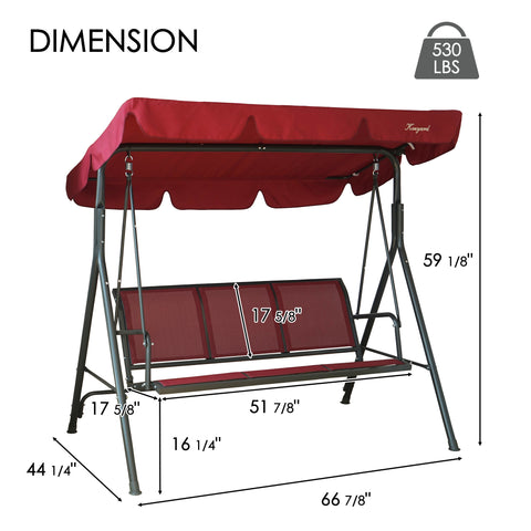 kozyard 3-seat patio swing chair dimensions diagram, 530 lbs capacity outdoor porch swing with canopy, size specifications
