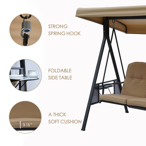 kozyard outdoor porch swing features, 3-seat patio swing with strong spring hooks, foldable side table, thick soft cushions for comfortable lounging
