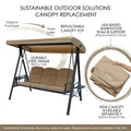 kozyard outdoor swing chair sustainable design, 3-seat patio swing with replaceable canopy top, durable steel frame, replacement parts available in the USA