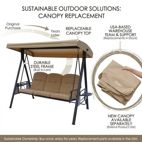 kozyard outdoor swing chair sustainable design, 3-seat patio swing with replaceable canopy top, durable steel frame, replacement parts available in the USA