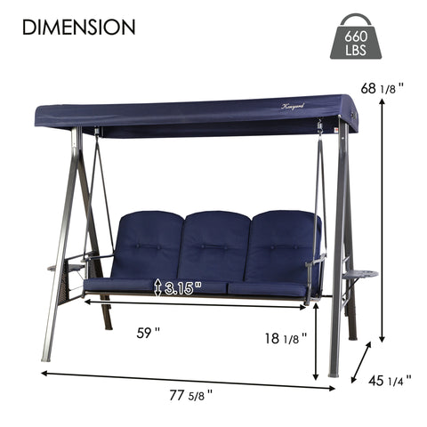 kozyard 3-seat outdoor patio swing chair dimensions, heavy-duty steel frame porch swing with adjustable canopy, supports up to 660 lbs
