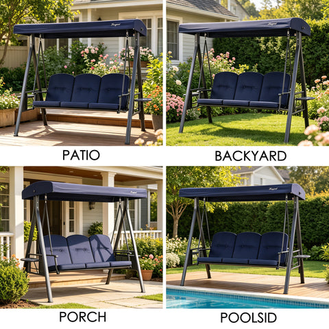 kozyard outdoor swing chair usage scenarios, 3-seat patio swing suitable for patio, backyard, porch, poolside relaxation

