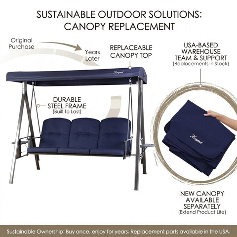 kozyard outdoor swing chair sustainable design, 3-seat patio swing with replaceable canopy top, durable steel frame, replacement parts available in the USA