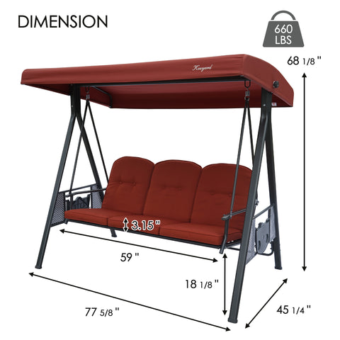 kozyard 3-seat outdoor patio swing chair dimensions, heavy-duty steel frame porch swing with adjustable canopy, supports up to 660 lbs
