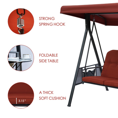 kozyard outdoor porch swing features, 3-seat patio swing with strong spring hooks, foldable side table, thick soft cushions for comfortable lounging
