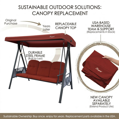 kozyard outdoor swing chair sustainable design, 3-seat patio swing with replaceable canopy top, durable steel frame, replacement parts available in the USA