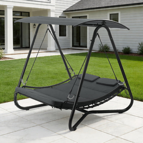 kozyard outdoor swing bed with canopy, 2-in-1 convertible patio swing chair, heavy-duty metal frame with textilene seat and high-resilience cushions, 620 lbs capacity for backyard relaxation
