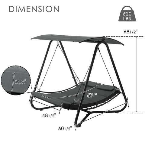 kozyard swing bed dimensions, 68 1/2" height 67" length 60 1/2" width, 620 lbs weight capacity detailed size specs for outdoor patio swing bed
