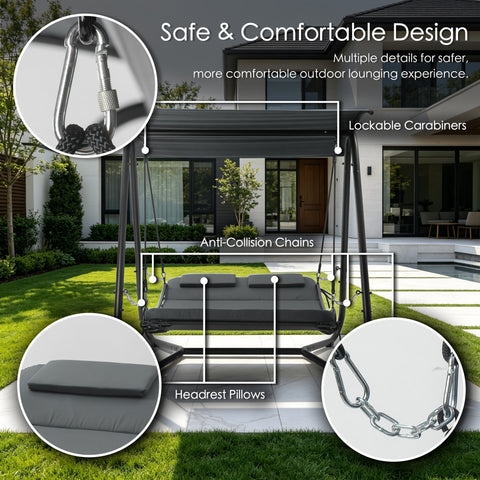 kozyard swing bed safe design, lockable carabiners anti-collision chains, headrest pillows for comfortable and secure outdoor patio swing bed lounging
