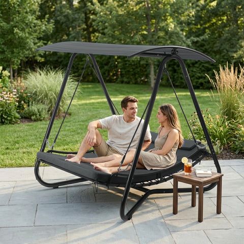 kozyard outdoor swing bed with canopy, 2-in-1 convertible patio swing chair, heavy-duty metal frame with textilene seat and high-resilience cushions, 620 lbs capacity for backyard relaxation
