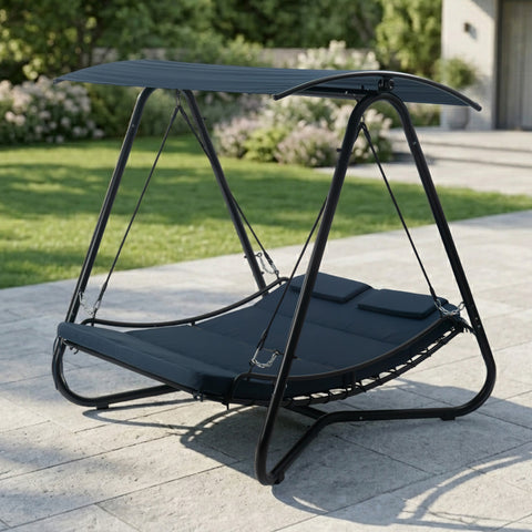 kozyard outdoor swing bed with canopy, 2-in-1 convertible patio swing chair, black color heavy-duty metal frame with textilene seat and high-resilience cushions

