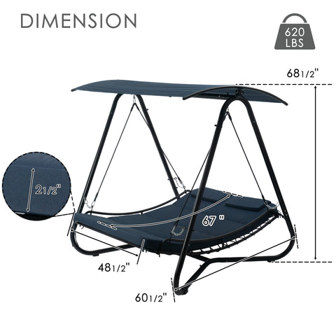 kozyard swing bed dimensions, 68 1/2" height 67" length 60 1/2" width, 620 lbs weight capacity detailed size specs for outdoor patio swing bed
