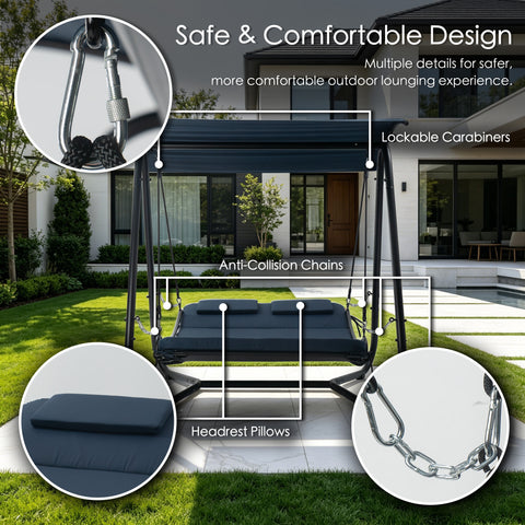 kozyard swing bed safe design, lockable carabiners anti-collision chains, headrest pillows for comfortable and secure outdoor patio swing bed lounging
