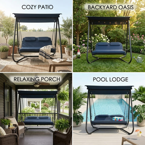 kozyard swing bed usage scenarios, patio backyard porch poolside, versatile outdoor swing bed with canopy and cushions for relaxation
