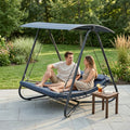 kozyard swing bed usage scenarios, patio backyard porch poolside, versatile outdoor swing bed with canopy and cushions for relaxation
