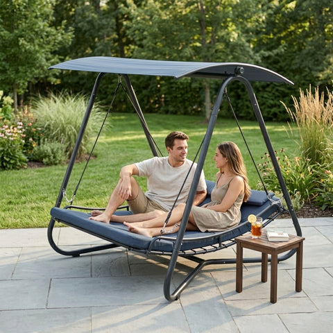 kozyard swing bed usage scenarios, patio backyard porch poolside, versatile outdoor swing bed with canopy and cushions for relaxation
