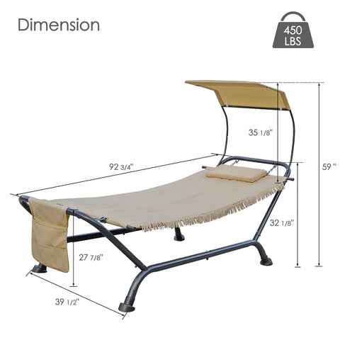 Outdoor canopy hammock lounge chair dimensions chart, heavy duty patio swing cot size specification, 450 lbs weight capacity freestanding lounge chair, 92 3/4 inch length 39 1/2 inch width 59 inch height patio furniture diagram, comfortable wide hammock bed frame measurements.