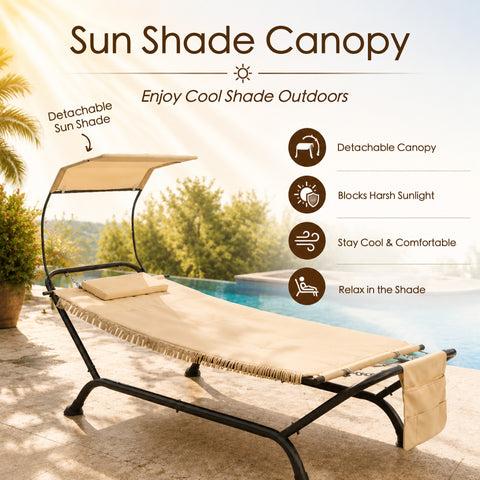 Sun shade canopy patio hammock chair, detachable sunshade block harsh sunlight outdoor lounge bed, UV protection water resistant pool side swing lounger with adjustable sun blocker, stay cool and comfortable backyard relax shade furniture.