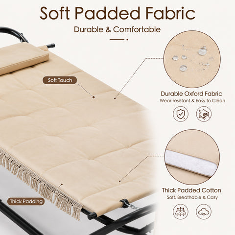 Soft padded fabric outdoor hammock close up, durable Oxford fabric wear resistant patio lounge cot, thick padded cotton soft breathable cozy swing bed cushion material details, easy to clean waterproof water droplets outdoor furniture textile.