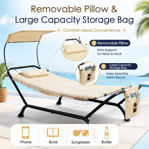 Removable pillow and large capacity storage bag for outdoor hammock lounger, convenience patio swing bed accessory pocket for phone book sunglasses bottle, extra head and neck support headrest cushion, pool side relaxing lounge chair parts.