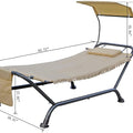 A technical drawing of an outdoor hammock with a beige fabric bed, a small cushion, and a canopy. The hammock has a black metal frame, a side pocket, and fringed edges on the fabric. Dimensions such as 92.72", 35.04", 59.06", etc., are marked, indicating various parts of the structure. Outdoor Hammock with Canopy: Dimension Diagram. outdoor hammock, hammock with canopy, beige fabric hammock, metal - framed hammock. 