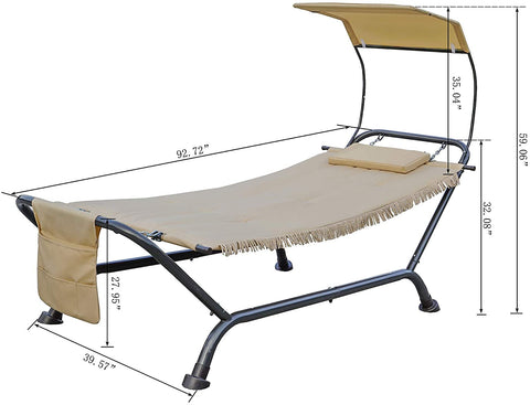 A technical drawing of an outdoor hammock with a beige fabric bed, a small cushion, and a canopy. The hammock has a black metal frame, a side pocket, and fringed edges on the fabric. Dimensions such as 92.72", 35.04", 59.06", etc., are marked, indicating various parts of the structure. Outdoor Hammock with Canopy: Dimension Diagram. outdoor hammock, hammock with canopy, beige fabric hammock, metal - framed hammock. 