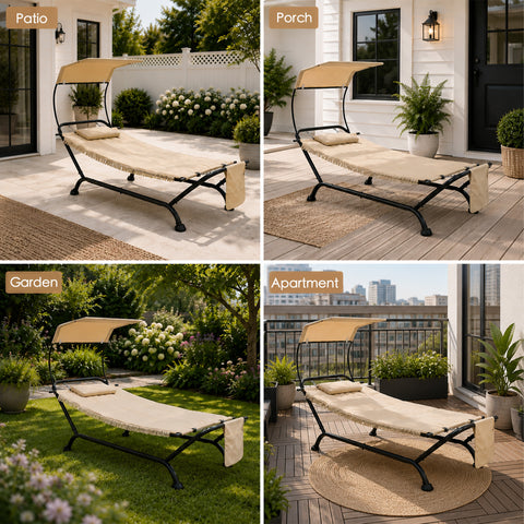 Multiscene outdoor hammock lounge chair for patio porch garden apartment balcony, versatile modern freestanding swing lounger styling, cozy outdoor furniture setup for small backyard or sunroom, sunbathing tanning cot decoration ideas.