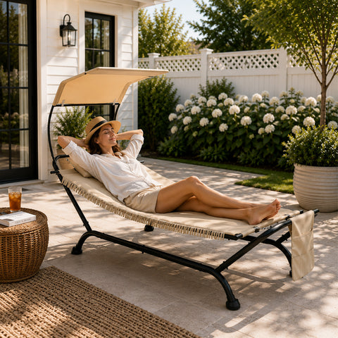 Woman relaxing on beige outdoor hammock lounge chair with canopy, lifestyle sunbathing on patio swinging cot bed with fringe, cozy afternoon tea garden relaxation furniture, luxury outdoor leisure daybed with person enjoying sunshine.