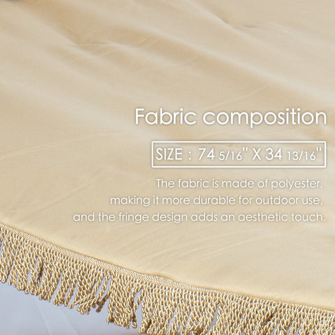 A close - up image of a beige fabric used for an outdoor hammock. The text indicates the fabric composition, stating it is made of polyester for enhanced outdoor durability. The size is given as 74 5/16" X 34 13/16", and it mentions that the fringe design adds an aesthetic touch. Outdoor Hammock Fabric: Polyester Composition with Fringe Design.outdoor hammock, polyester fabric, fabric composition, fringe design, outdoor durability.