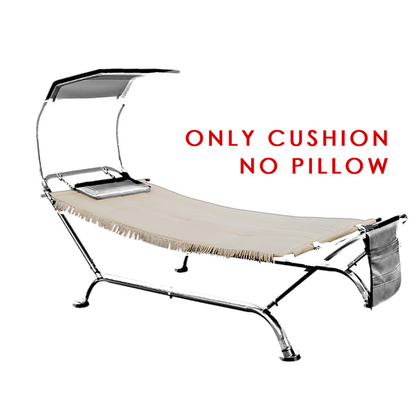 An outdoor hammock - style lounger with a beige cushion. It features a metal frame, a canopy for sun protection, and a side pocket. The text "ONLY CUSHION NO PILLOW" is prominently displayed in red. Outdoor Hammock Lounger with Beige Cushion. outdoor hammock lounger, beige cushion, sun - protection canopy, metal frame, side pocket