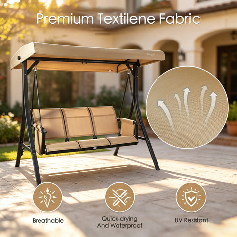kozyard outdoor swing chair premium fabric, 3-seat patio swing with breathable, quick-drying, UV-resistant Textilene fabric for comfortable backyard lounging

