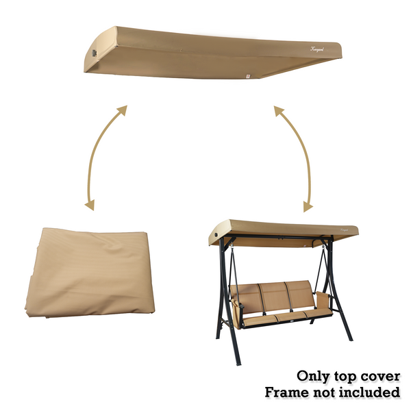 A beige - colored canopy for a swing chair is shown in three states: assembled on the swing chair, disassembled, and folded. The text at the bottom reads "Only top cover Frame not included," indicating that only the canopy is being sold, not the swing chair frame. beige swing chair canopy, swing chair cover, outdoor canopy, separate canopy, frame not included.