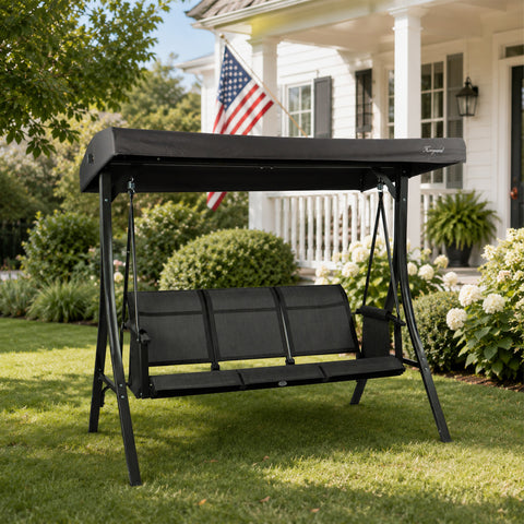 kozyard 3-seat outdoor patio swing chair dimensions, heavy-duty steel frame porch swing with adjustable canopy, supports up to 660 lbs for backyard relaxation
