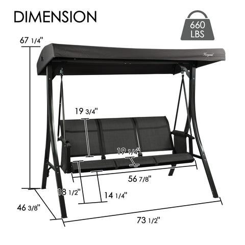 kozyard 3-seat outdoor patio swing chair dimensions, heavy-duty steel frame porch swing with adjustable canopy, supports up to 660 lbs for backyard relaxation

