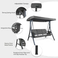 kozyard outdoor porch swing key features, 3-seat patio swing chair with adjustable canopy, strong spring hooks, magazine bag, anti-slip feet for durable outdoor use
