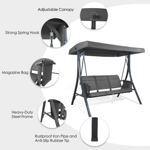 kozyard outdoor porch swing key features, 3-seat patio swing chair with adjustable canopy, strong spring hooks, magazine bag, anti-slip feet for durable outdoor use
