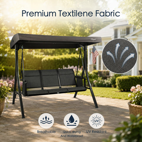 kozyard outdoor swing chair premium fabric, 3-seat patio swing with breathable, quick-drying, UV-resistant Textilene fabric for comfortable backyard lounging
