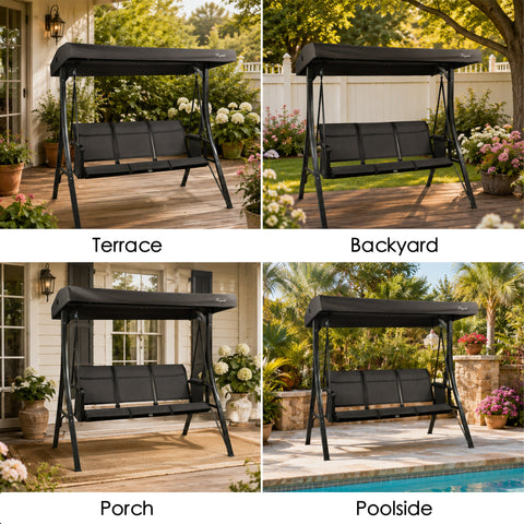 kozyard outdoor swing chair usage scenarios, 3-seat patio swing suitable for patio, backyard, porch, poolside relaxation
