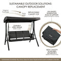 kozyard outdoor swing chair sustainable design, 3-seat patio swing with replaceable canopy top, durable steel frame, replacement parts available in the USA