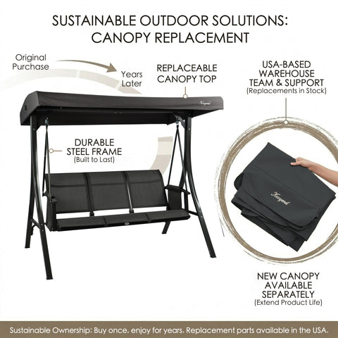 kozyard outdoor swing chair sustainable design, 3-seat patio swing with replaceable canopy top, durable steel frame, replacement parts available in the USA