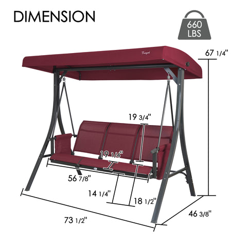kozyard 3-seat outdoor patio swing chair dimensions, heavy-duty steel frame porch swing with adjustable canopy, supports up to 660 lbs for backyard relaxation
